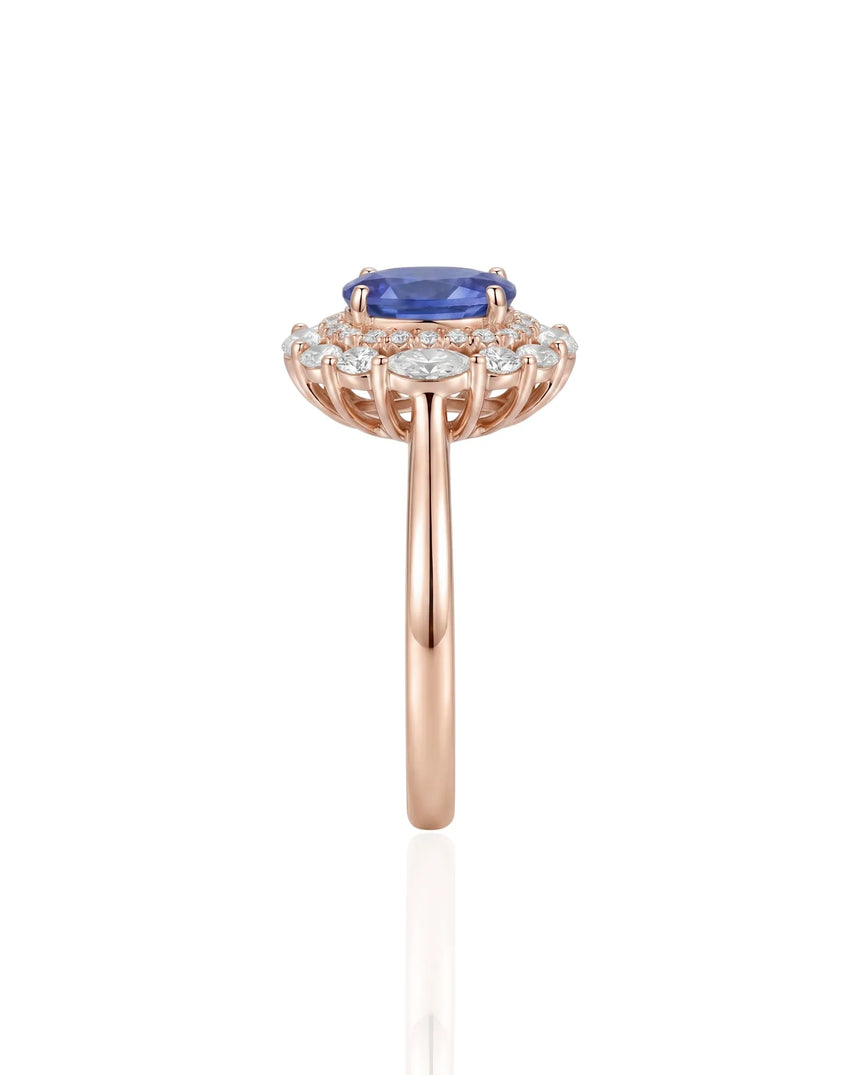 Luxury royal blue sapphire diamond ring with romantic halo design in 18K rose gold - SARATTI