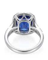 Luxury royal blue sapphire ring with diamond shoulders in 18K white gold - SARATTI