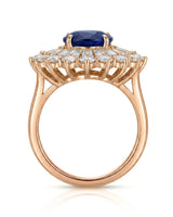 Luxury royal blue sapphire statement ring with diamond sunburst in 18K rose gold - SARATTI