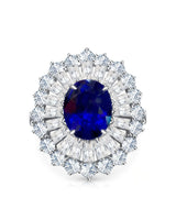 Luxury royal blue sapphire statement ring with diamond sunburst in 18K white gold - SARATTI