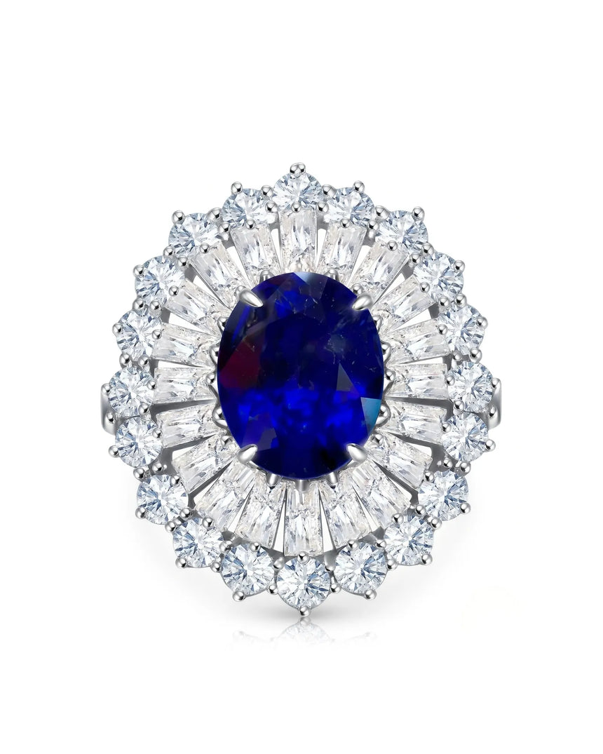 Luxury royal blue sapphire statement ring with diamond sunburst in 18K white gold - SARATTI