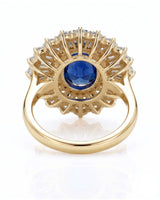 Luxury royal blue sapphire statement ring with diamond sunburst in 18K yellow gold - SARATTI