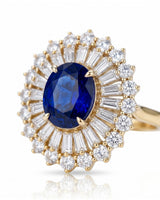 Luxury royal blue sapphire statement ring with diamond sunburst in 18K yellow gold | SARATTI