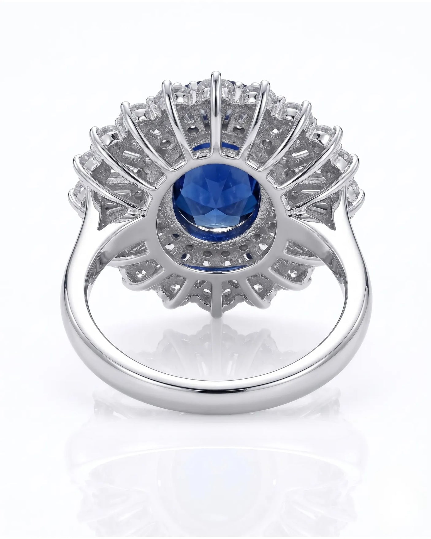 Luxury royal blue sapphire statement ring with diamond sunburst in platinum - SARATTI