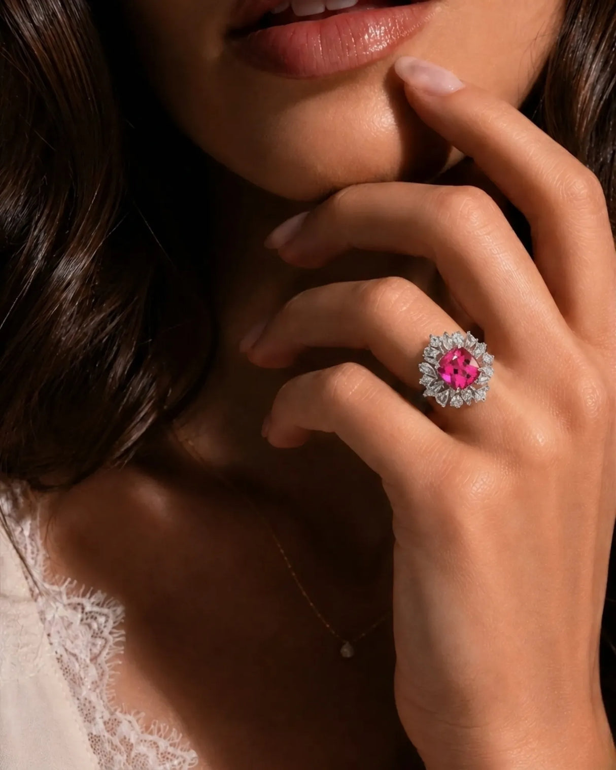 Luxury rubellite tourmaline and diamond ring in platinum with high-jewelry floral design | SARATTI
