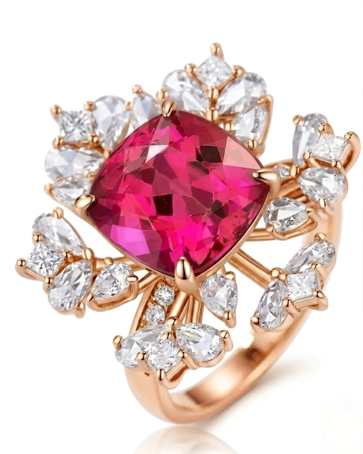 Luxury rubellite tourmaline and diamond ring in rose gold with high-jewelry floral design | SARATTI