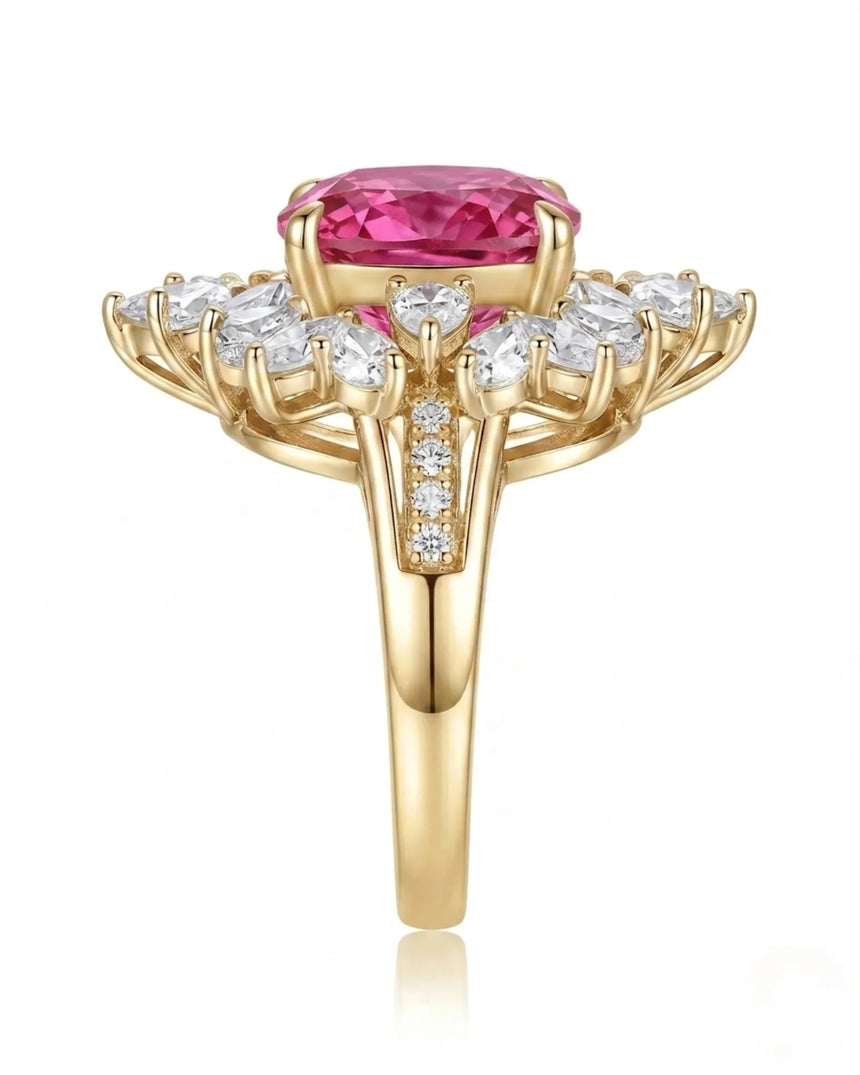 Luxury rubellite tourmaline and diamond ring in yellow gold with high-jewelry floral design | SARATTI