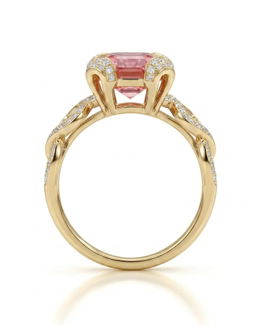 Luxury rubellite tourmaline and diamond statement ring in polished 18K yellow gold - SARATTI