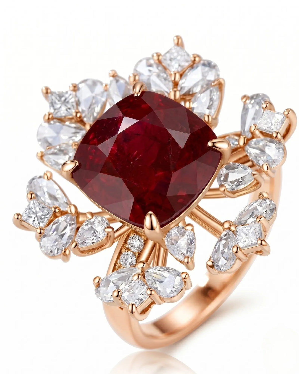 Luxury ruby cocktail ring with diamond petal halo in 18K rose gold | SARATTI