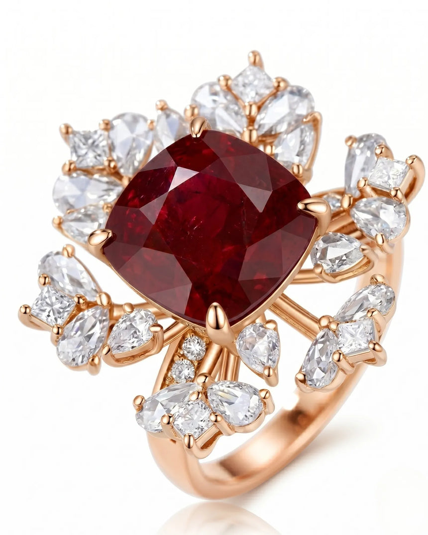 Luxury ruby cocktail ring with diamond petal halo in 18K rose gold | SARATTI