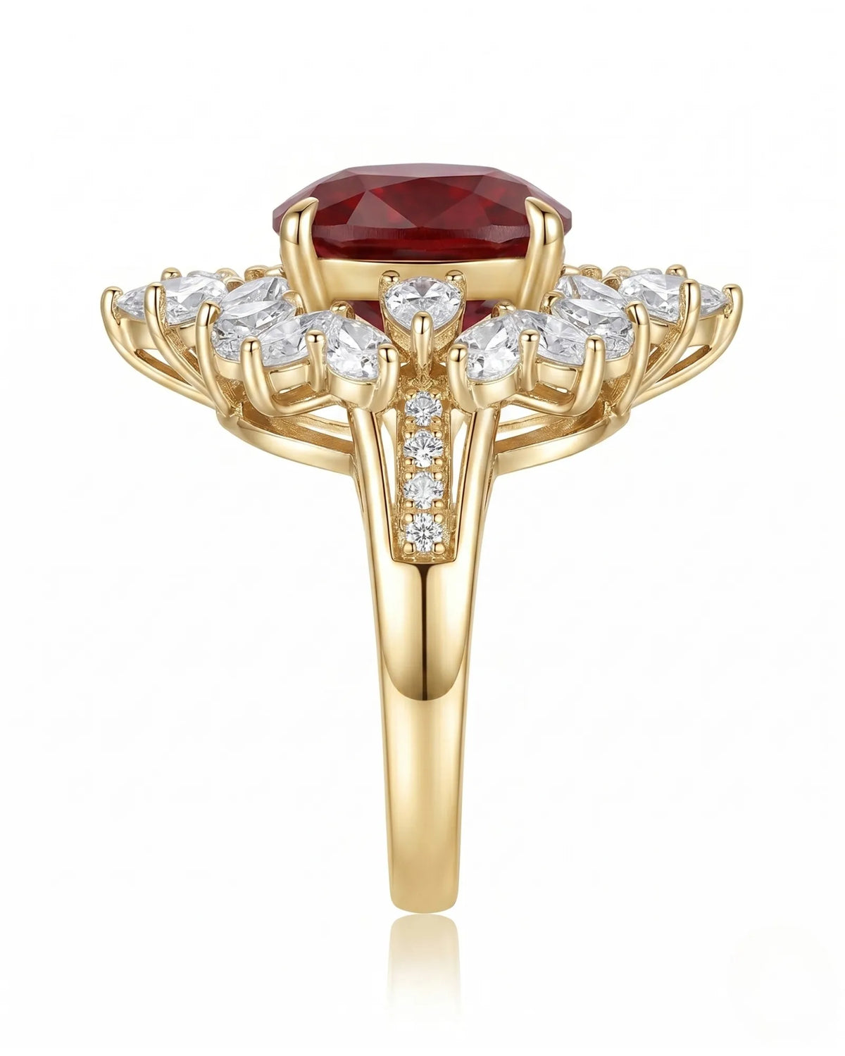 Luxury ruby cocktail ring with diamond petal halo in 18K yellow gold | SARATTI