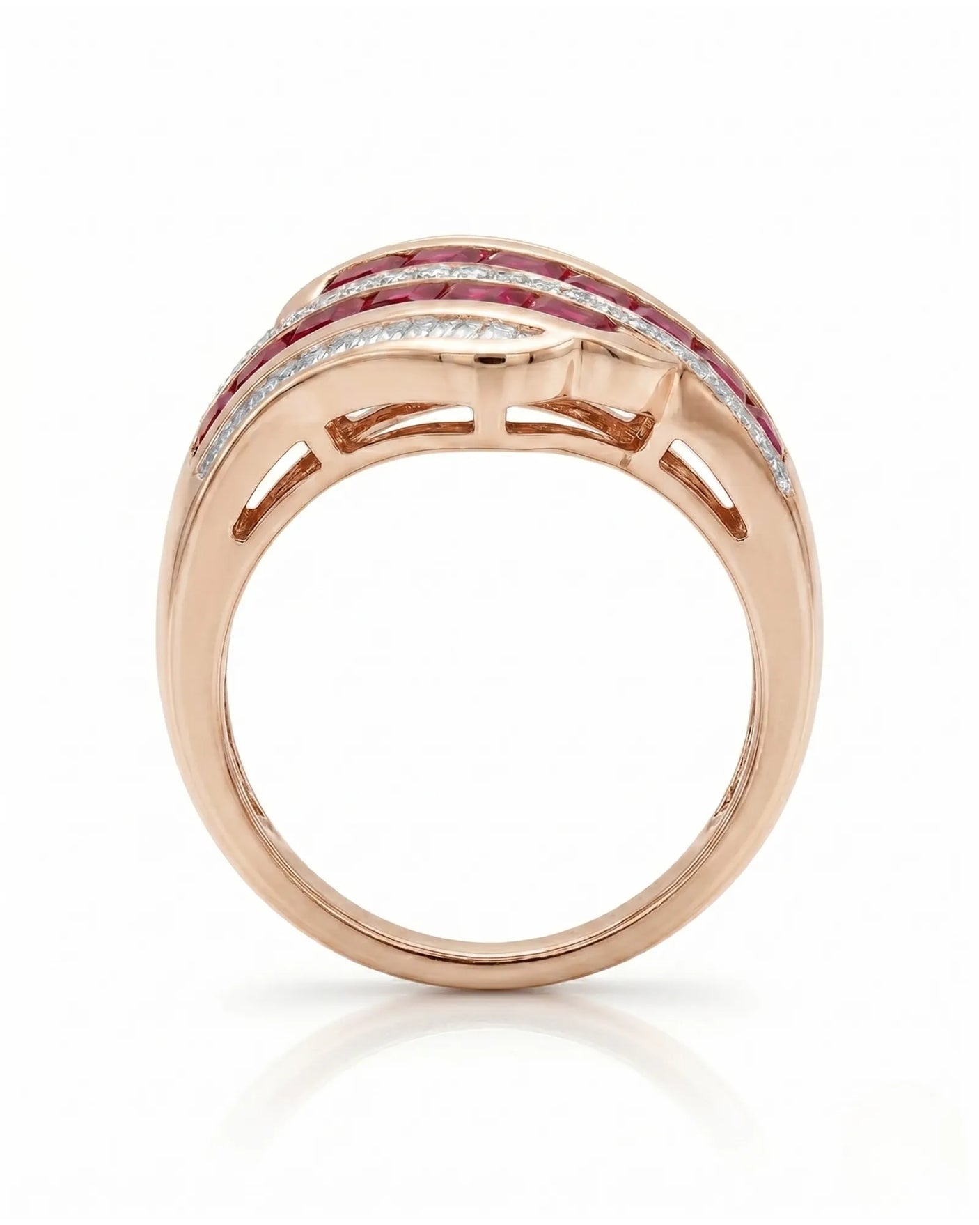 Luxury ruby fashion ring with mixed diamonds in polished rose gold | SARATTI