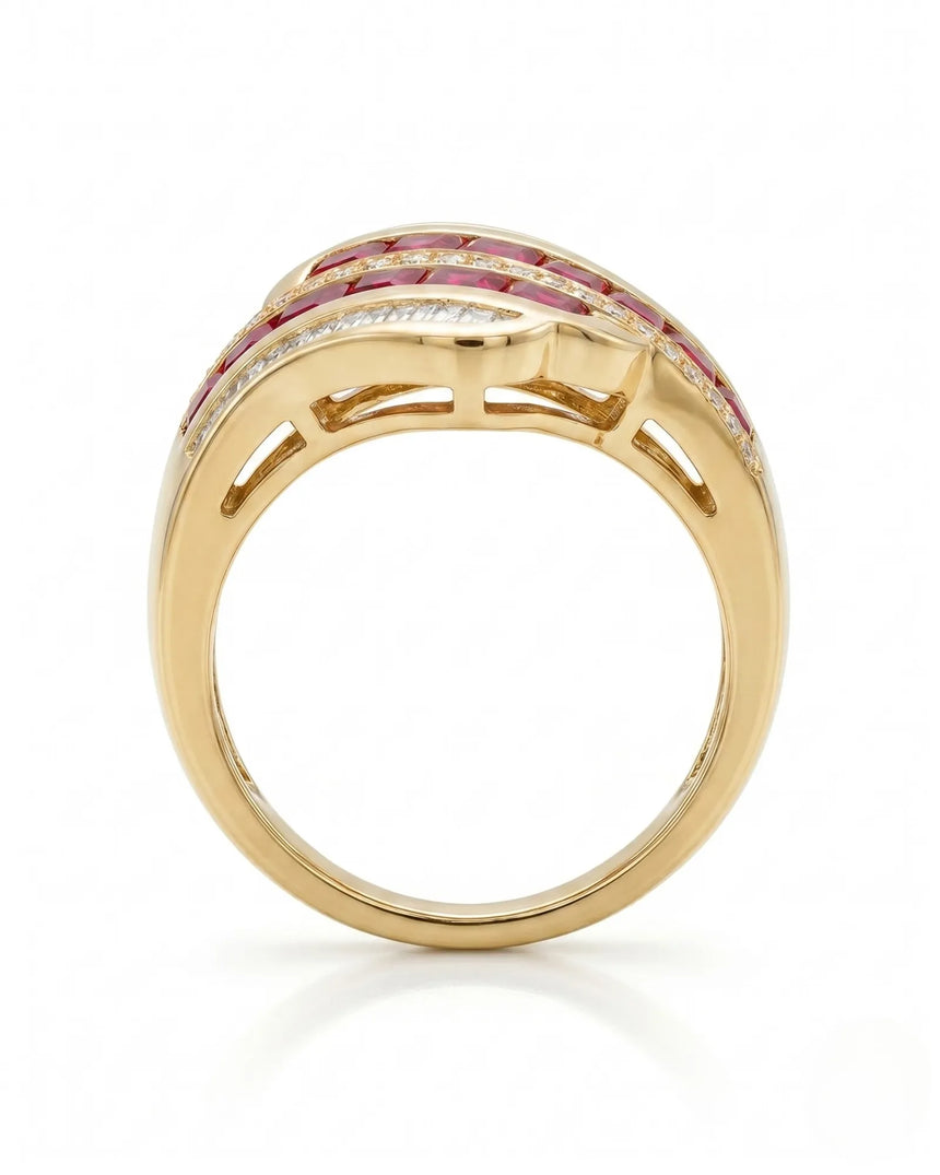 Luxury ruby fashion ring with mixed diamonds in polished yellow gold -- SARATTI