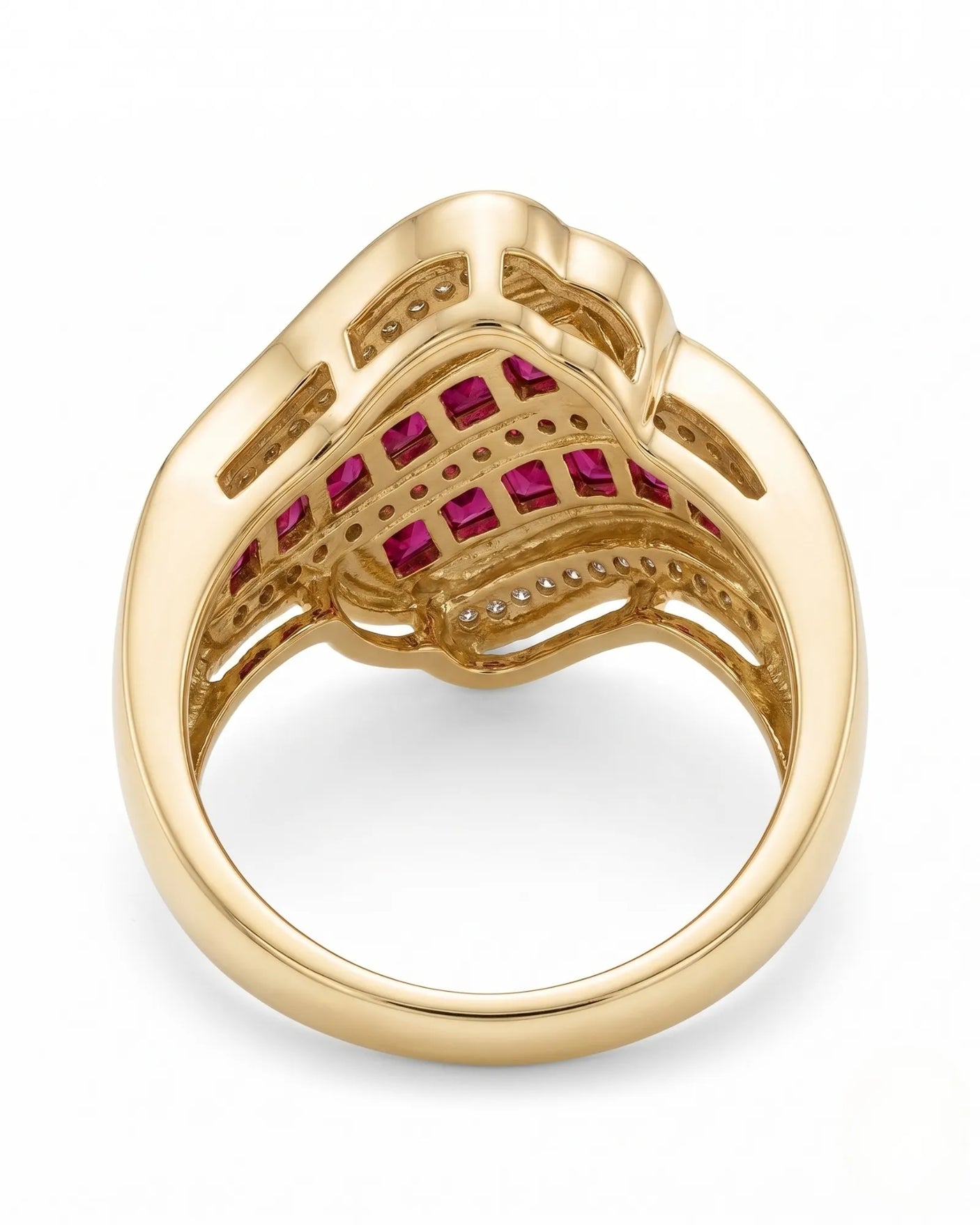 Luxury ruby fashion ring with mixed diamonds in polished yellow gold - SARATTI