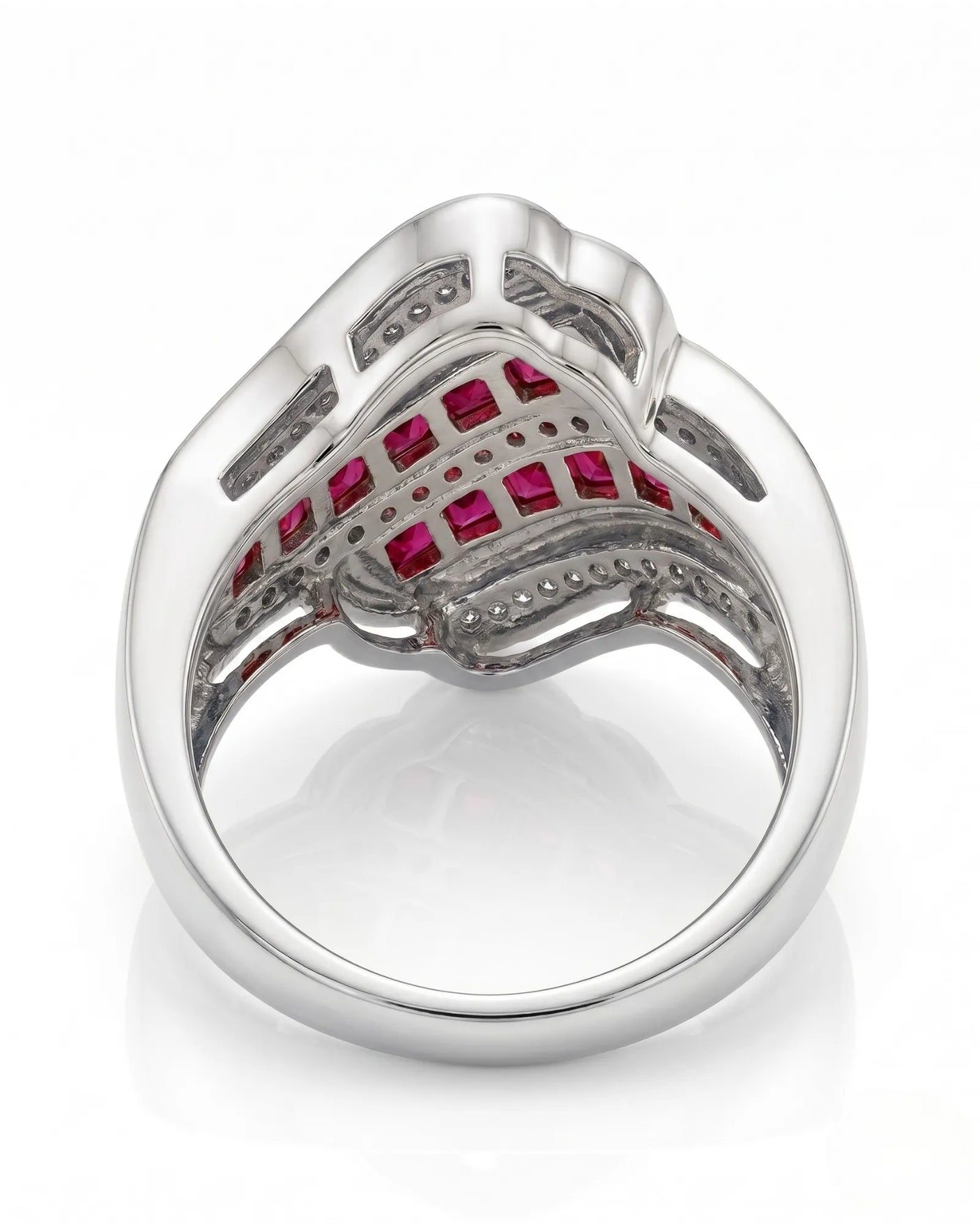Luxury ruby fashion ring with mixed diamonds in refined white gold | SARATTI