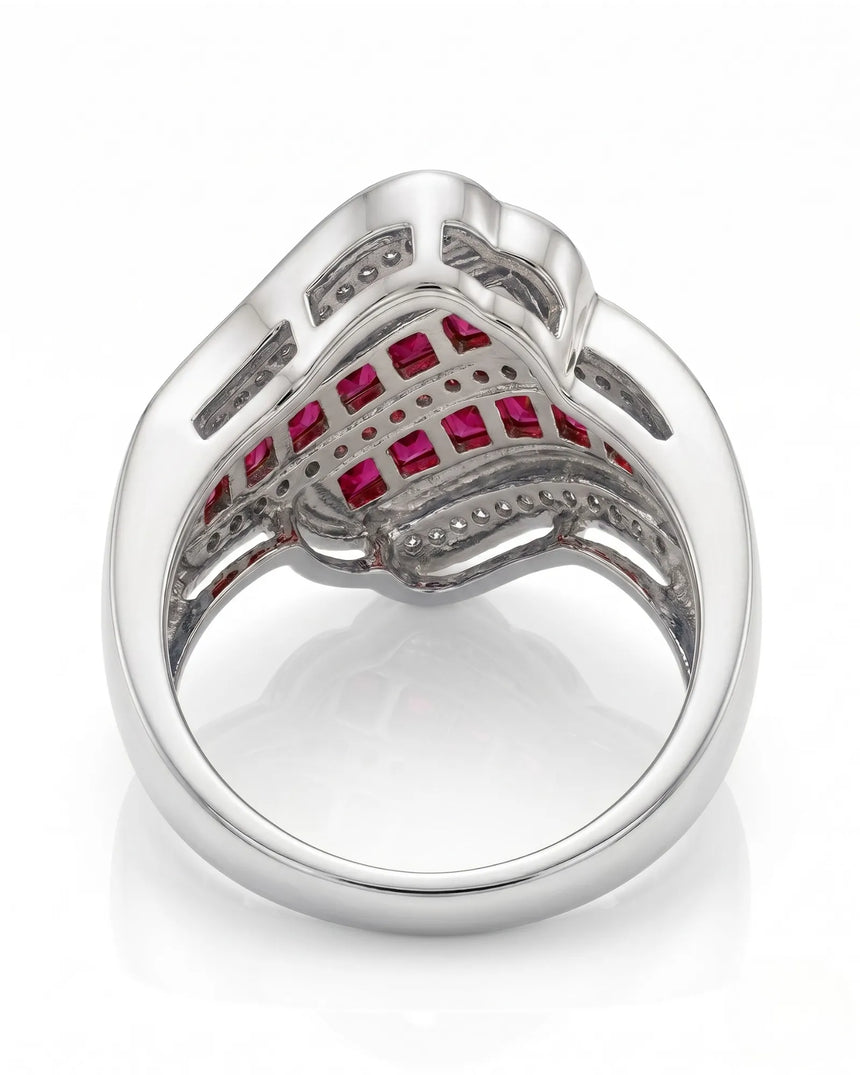 Luxury ruby fashion ring with mixed diamonds in refined white gold | SARATTI