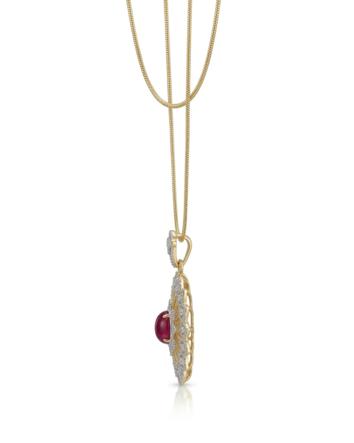 Luxury ruby lace pendant with diamond detailing and intricate 18K two tone gold craftsmanship | SARATTI