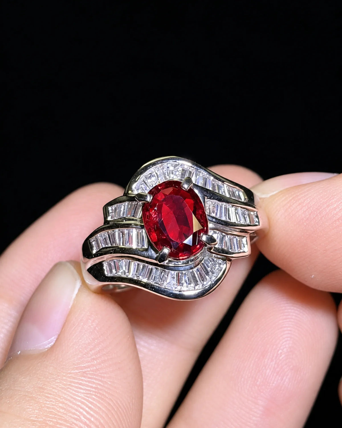 Luxury ruby ring with layered baguette diamond architecture and platinum craftsmanship - SARATTI
