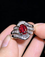 Luxury ruby ring with layered baguette diamond architecture and platinum craftsmanship - SARATTI