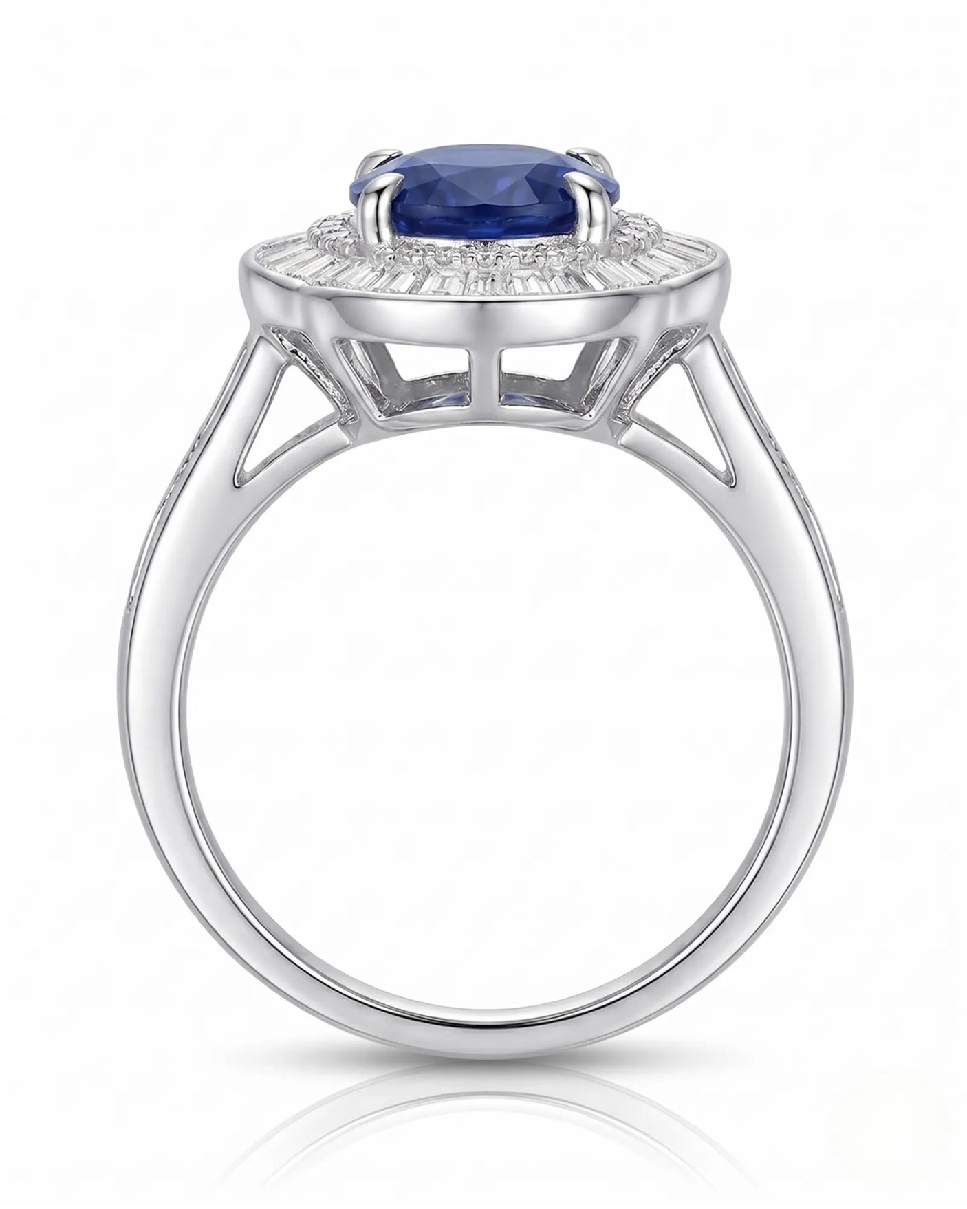 Luxury sapphire and baguette diamond ring with heirloom sunburst design in 18K white gold | SARATTI