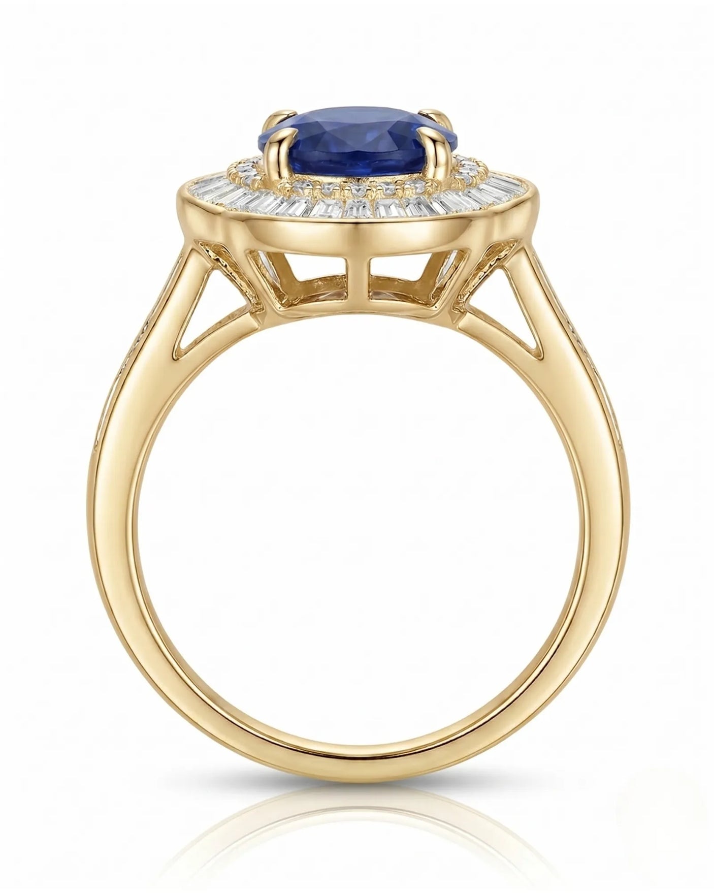 Luxury sapphire and baguette diamond ring with heirloom sunburst design in 18K yellow gold | SARATTI