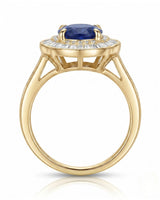 Luxury sapphire and baguette diamond ring with heirloom sunburst design in 18K yellow gold | SARATTI