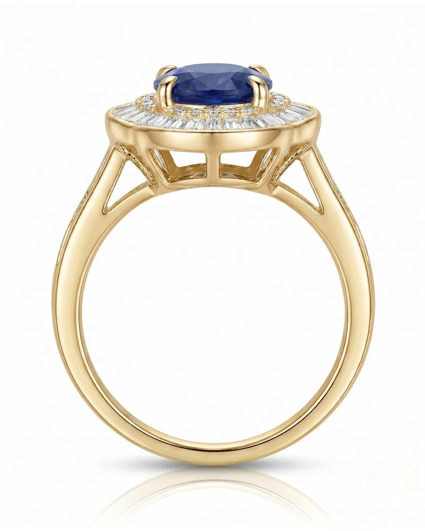 Luxury sapphire and baguette diamond ring with heirloom sunburst design in 18K yellow gold | SARATTI