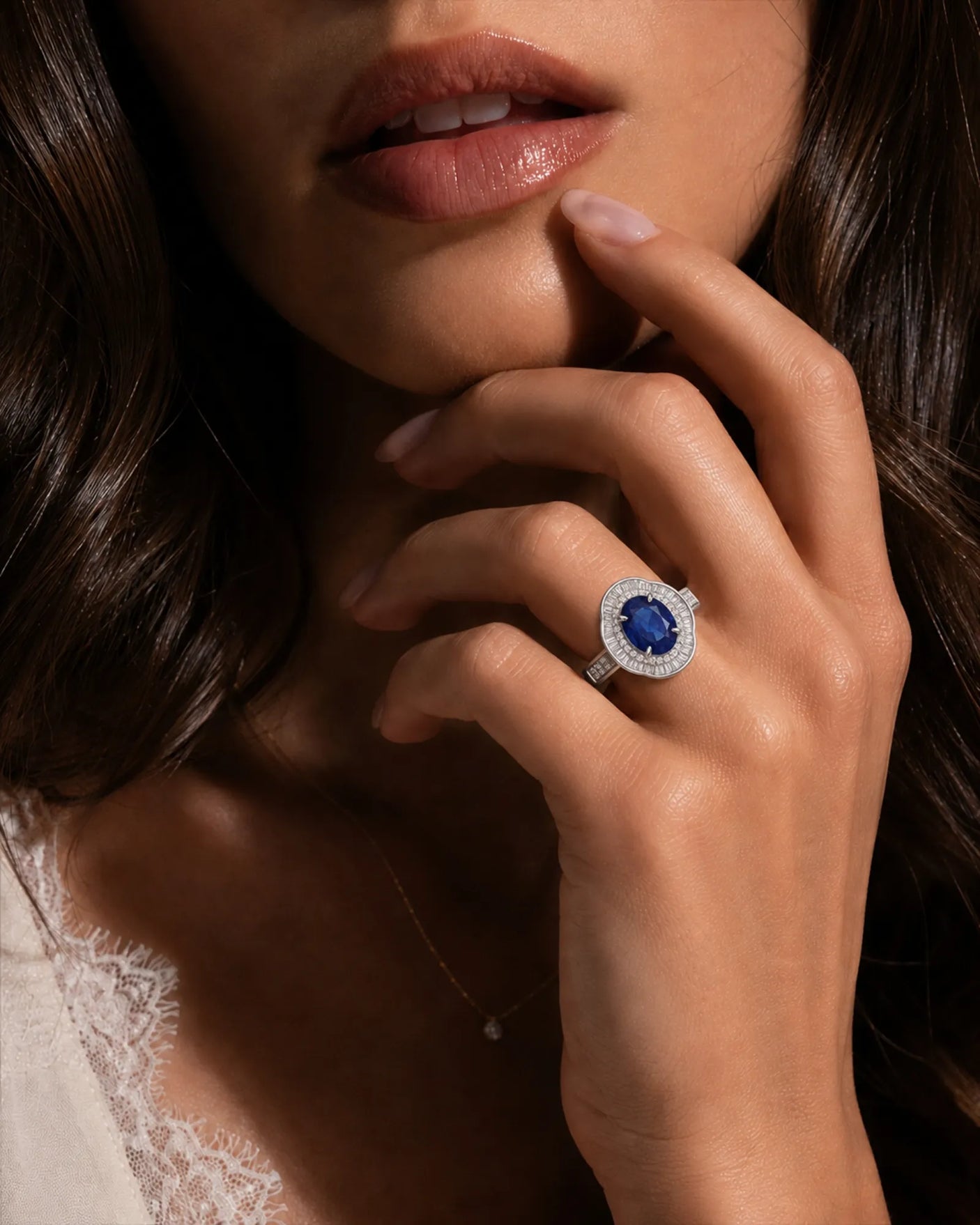 Luxury sapphire and baguette diamond ring with heirloom sunburst design in platinum | SARATTI