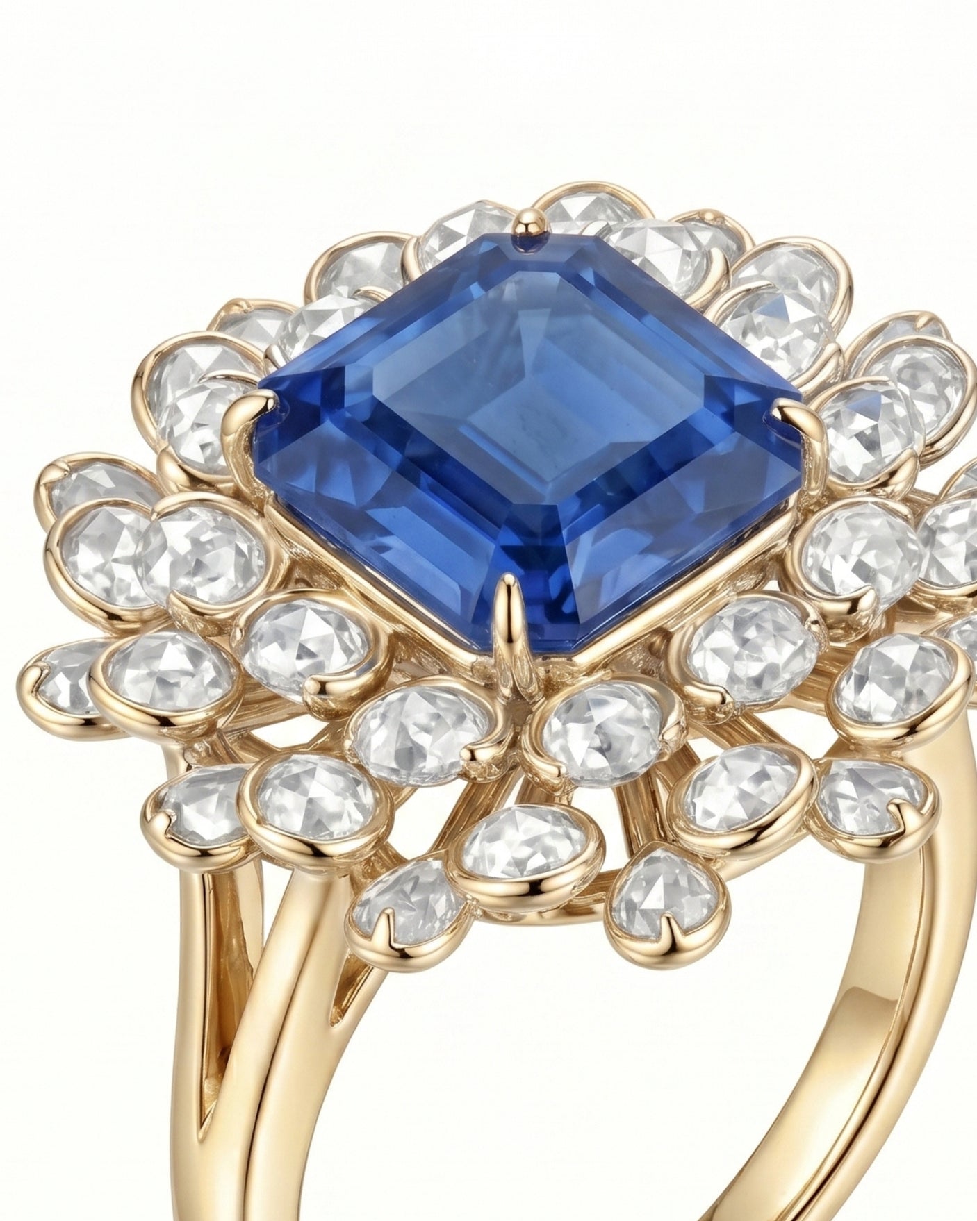 Luxury sapphire cocktail ring with ornate diamond halo in 18K yellow gold - SARATTI