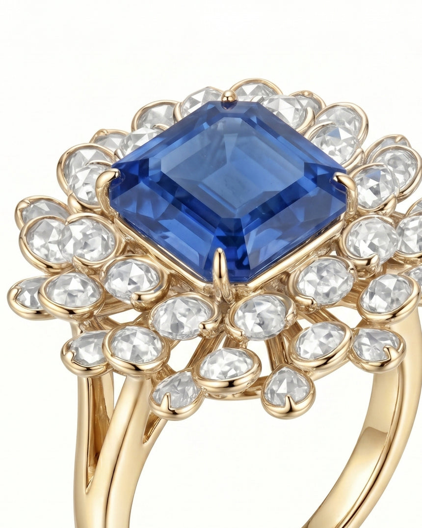 Luxury sapphire cocktail ring with ornate diamond halo in 18K yellow gold - SARATTI