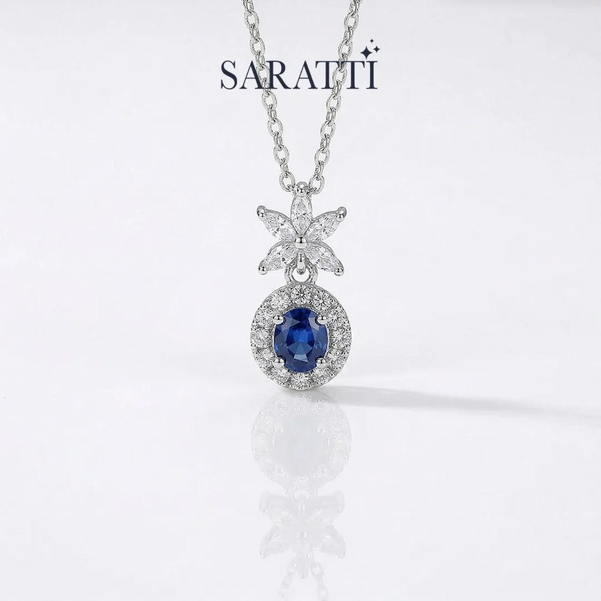 Luxury sapphire pendant necklace close-up detail | SARATTI
