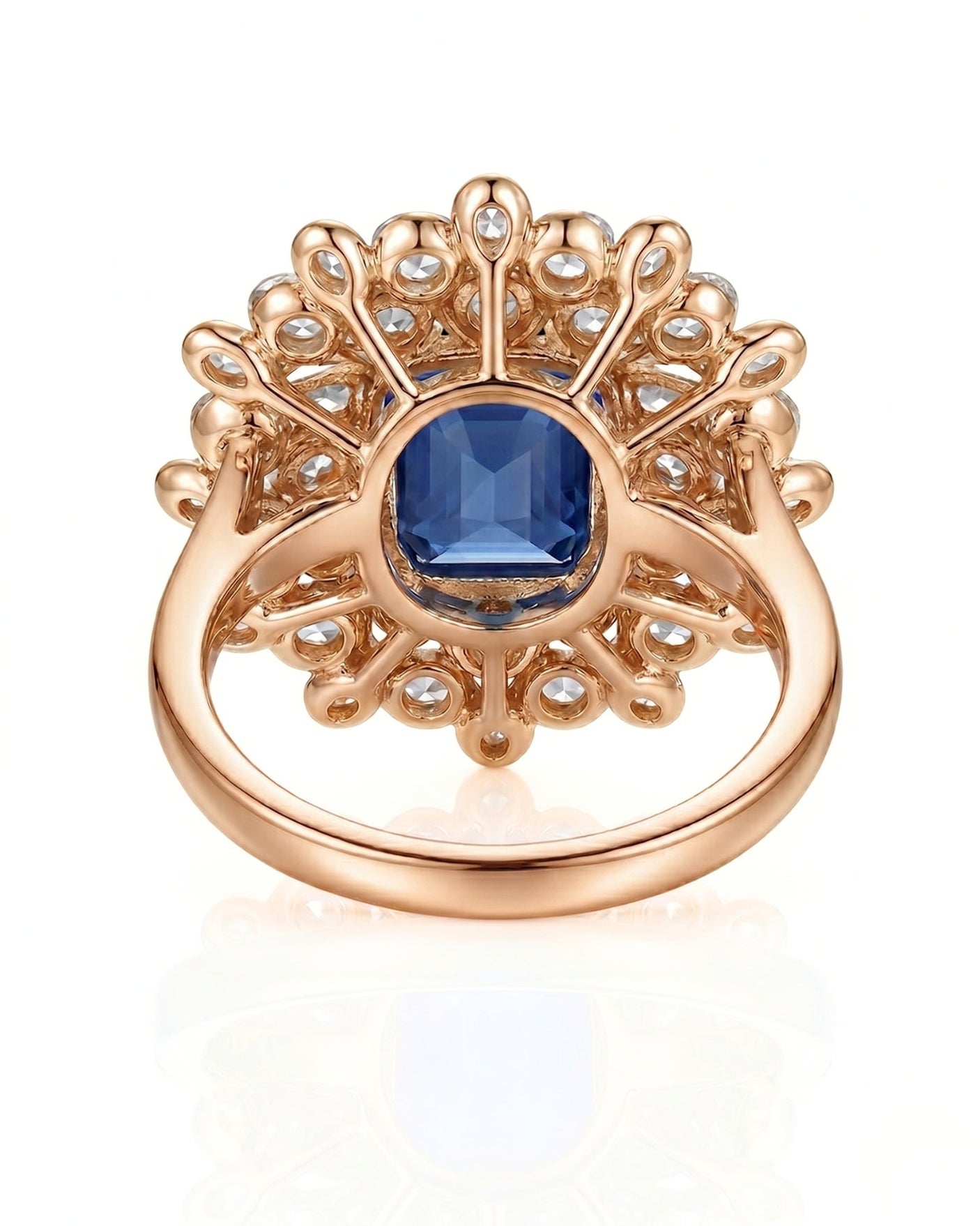 Luxury sapphire statement ring with diamond halo in 18K rose gold - SARATTI