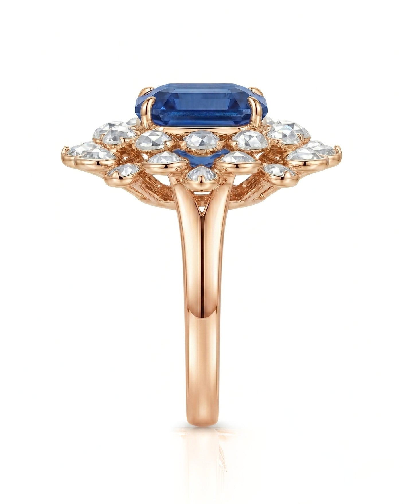 Luxury sapphire statement ring with diamond halo in 18K rose gold | SARATTI