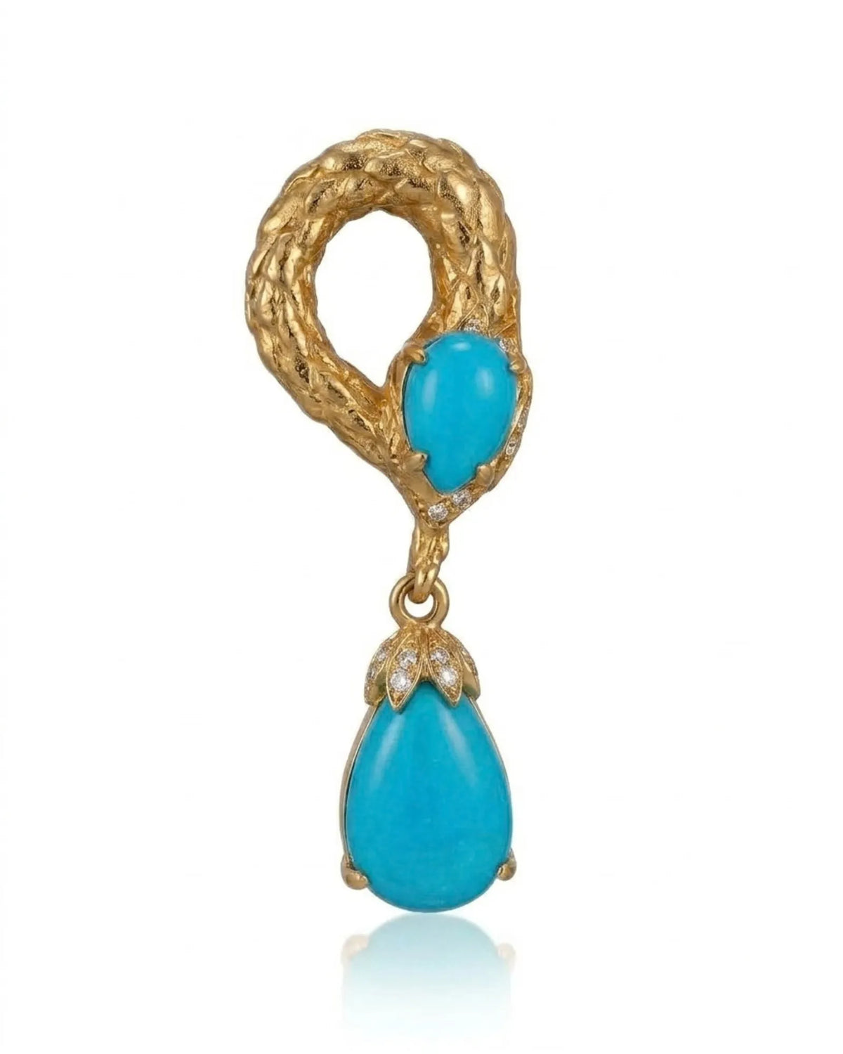 Luxury serpent earrings with vivid blue pine cabochons, diamond accents and 18K yellow gold detailing | SARATTI