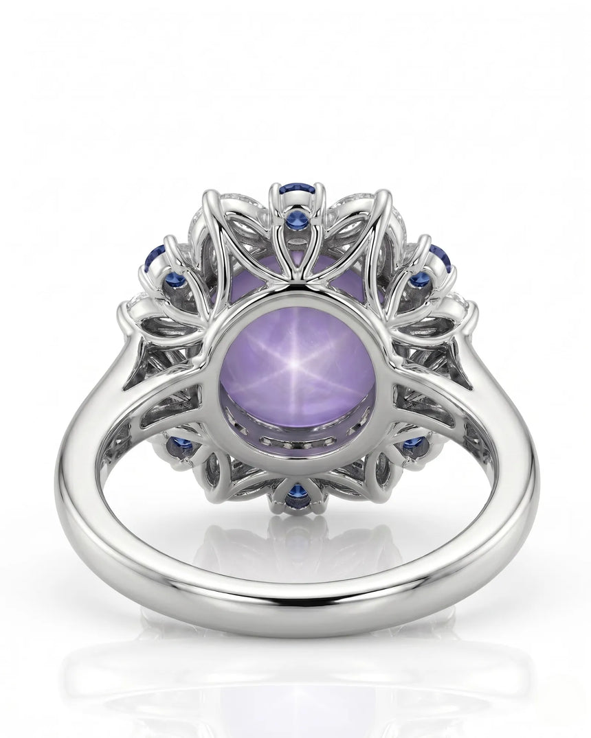 Luxury star sapphire ring with diamonds and blue sapphires in 18K white gold | SARATTI