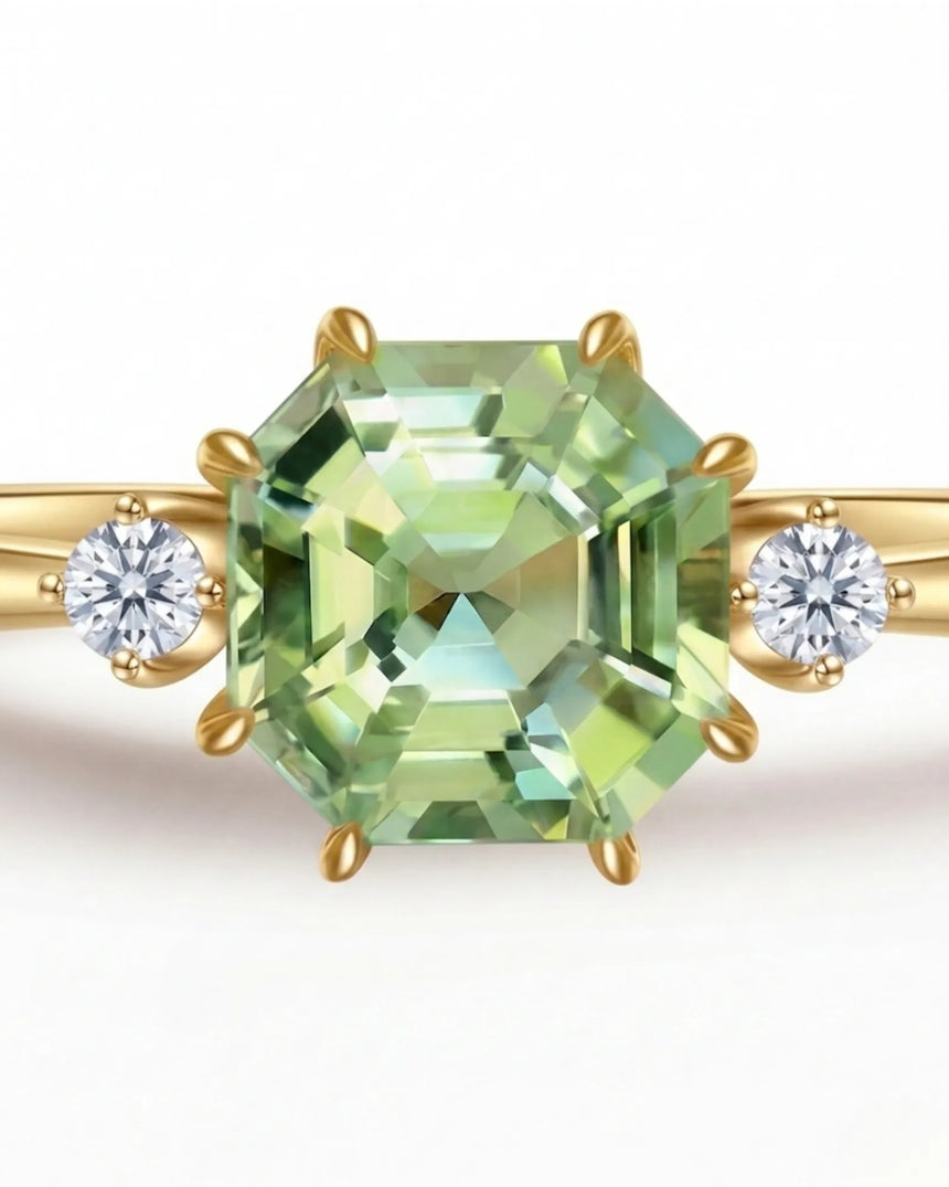 Luxury three stone green tourmaline ring with diamonds in 18K yellow gold | SARATTI