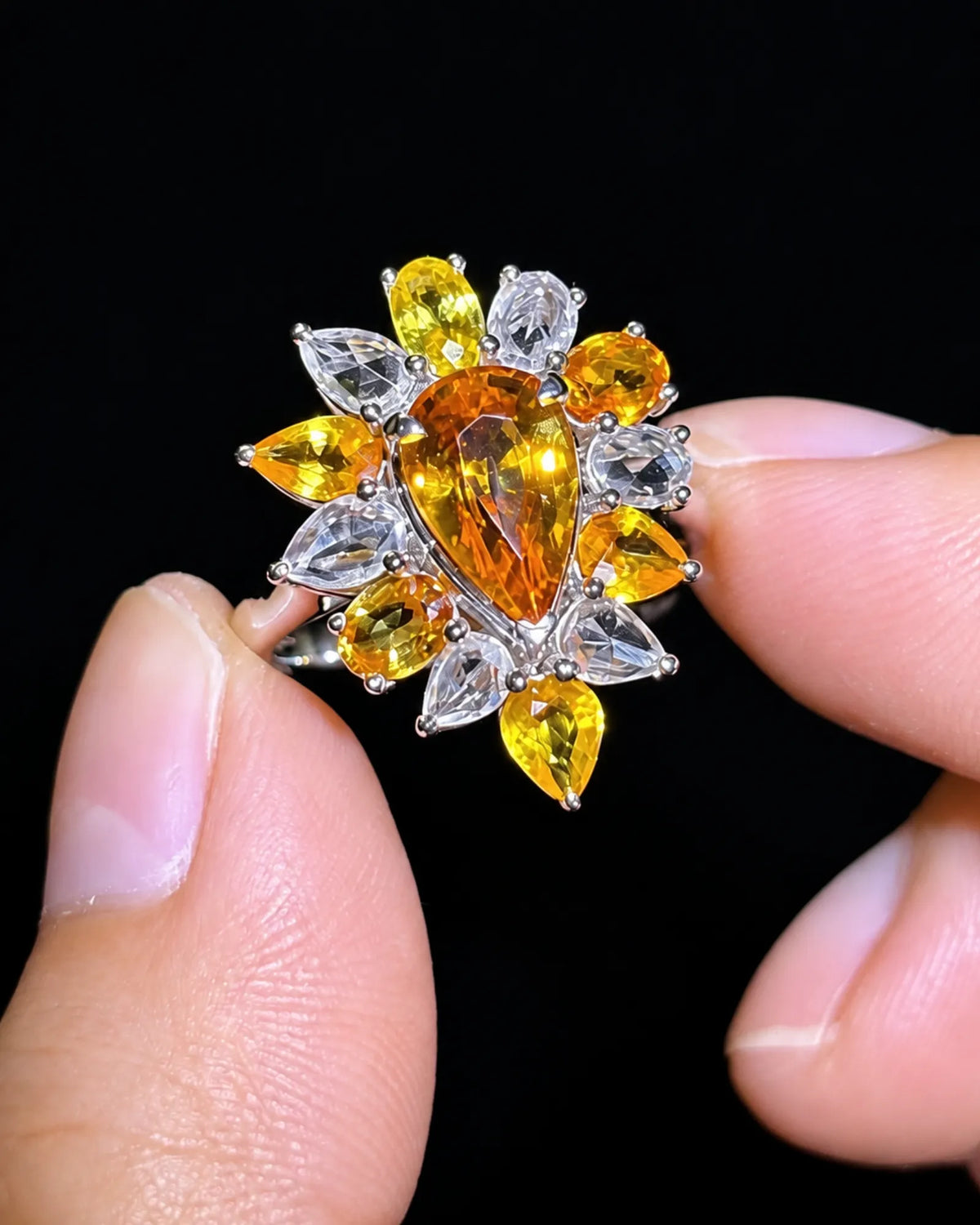 Luxury unheated yellow sapphire flower ring with elevated open multi-stone setting in platinum - SARATTI