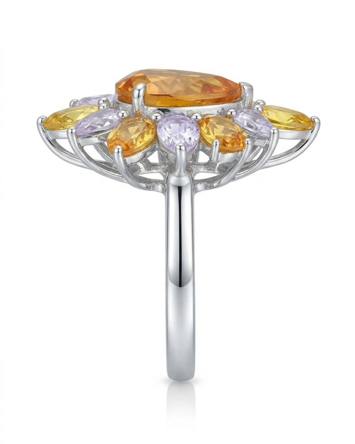 Luxury unheated yellow sapphire flower ring with elevated open multi-stone setting in platinum | SARATTI