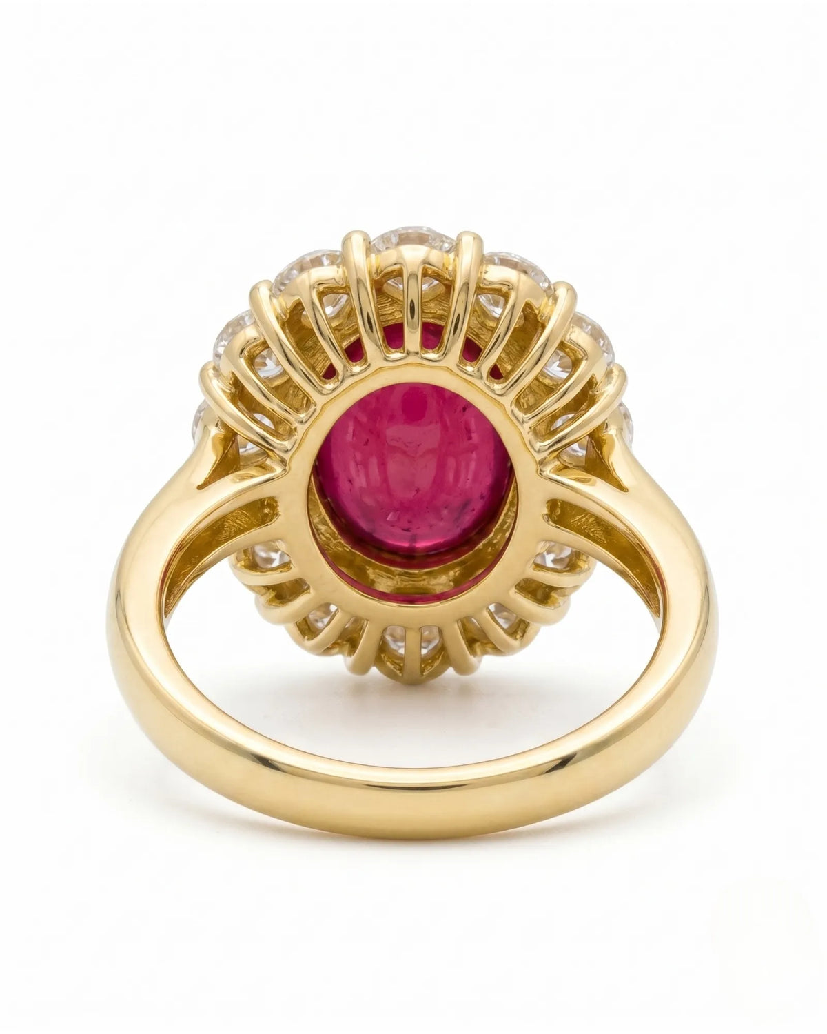 Luxury vintage ruby halo ring with diamond accents in polished yellow gold - SARATTI