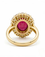 Luxury vintage ruby halo ring with diamond accents in polished yellow gold - SARATTI