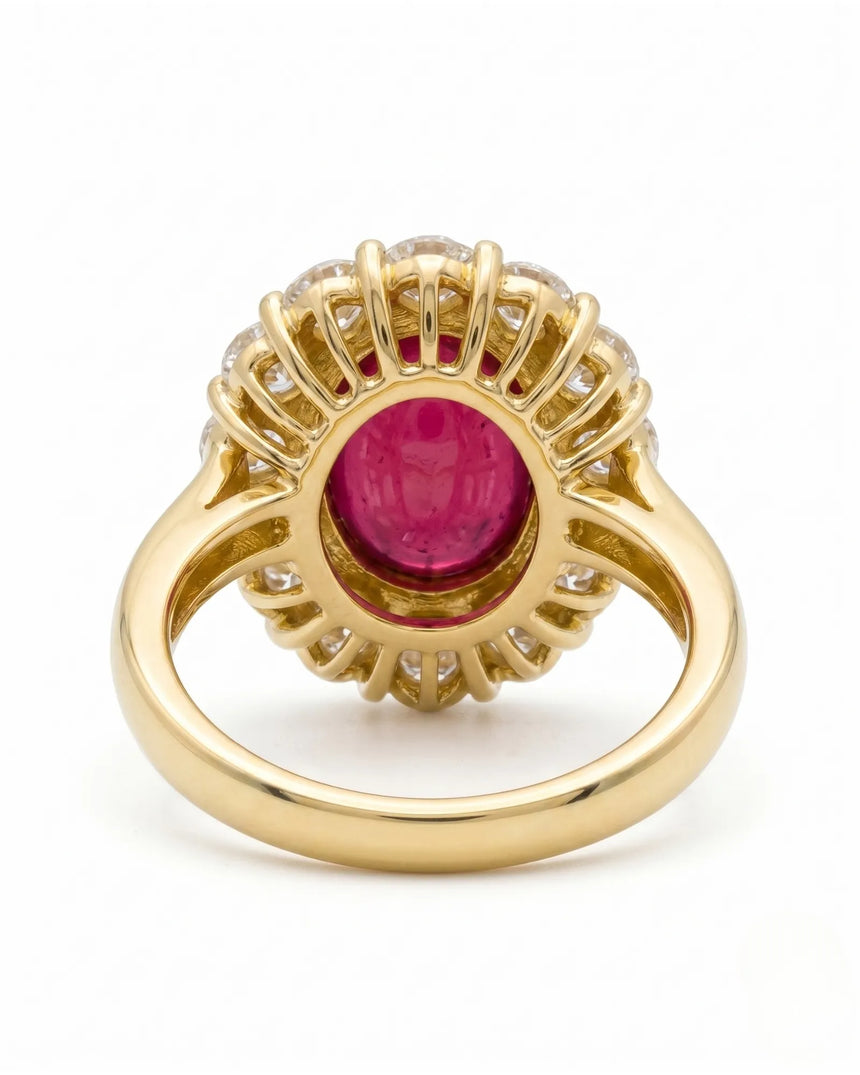 Luxury vintage ruby halo ring with diamond accents in polished yellow gold - SARATTI