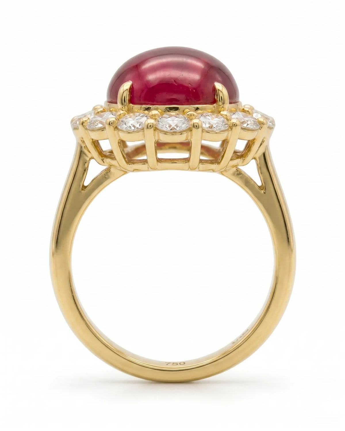 Luxury vintage ruby halo ring with diamond accents in polished yellow gold | SARATTI