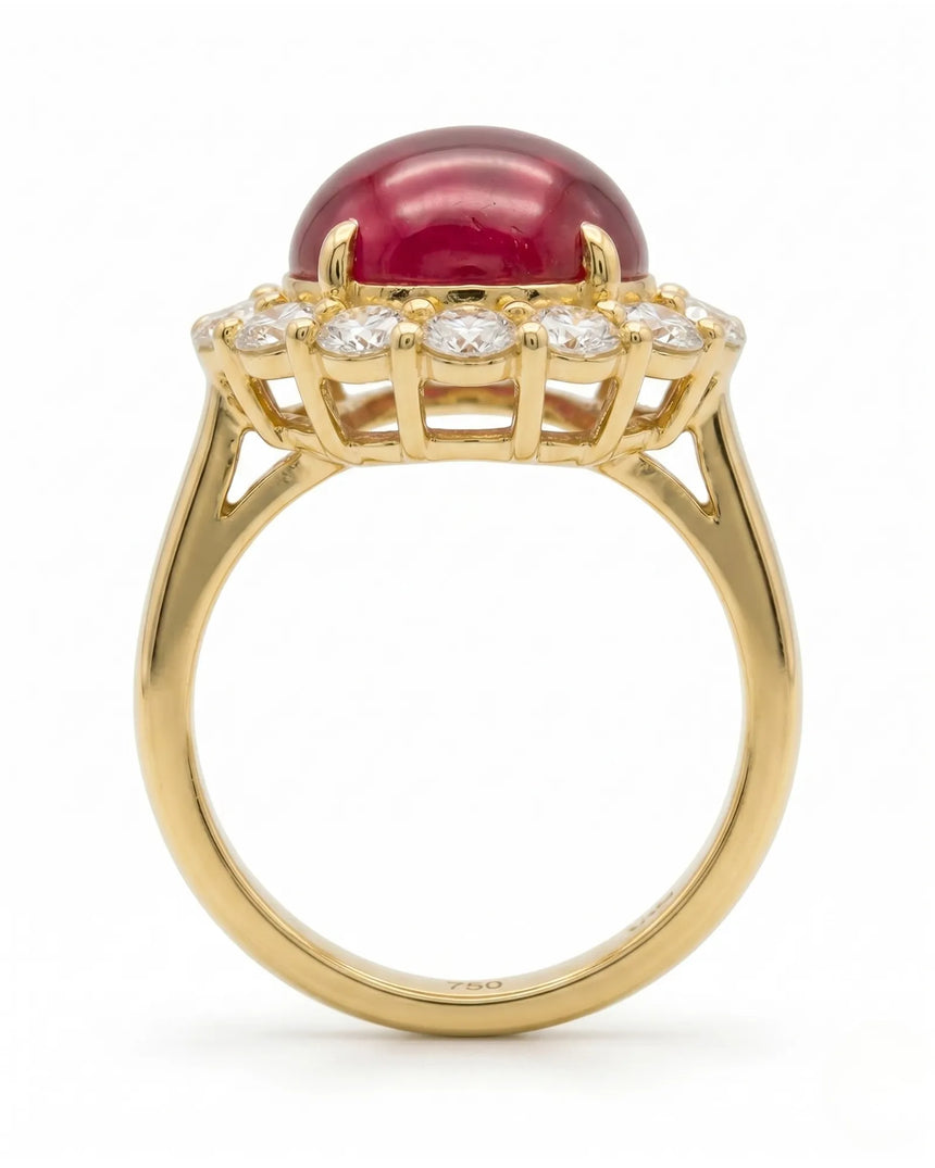 Luxury vintage ruby halo ring with diamond accents in polished yellow gold | SARATTI