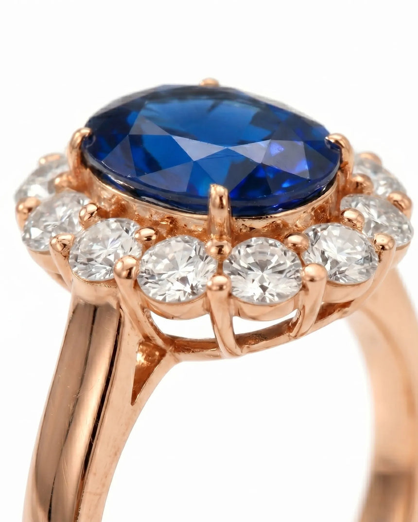 Luxury vintage sapphire halo ring with diamonds in romantic 18K rose gold - SARATTI