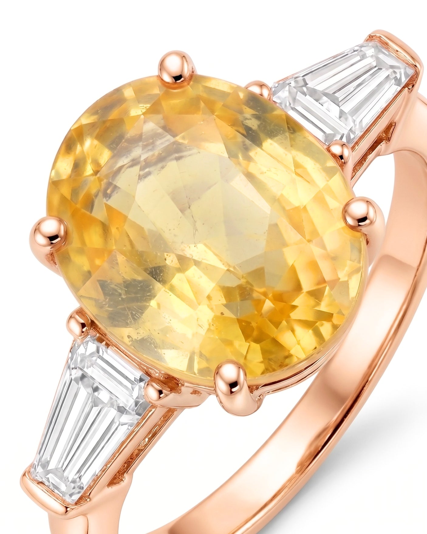 Luxury yellow sapphire three-stone ring with diamond accents in 18K rose gold - SARATTI