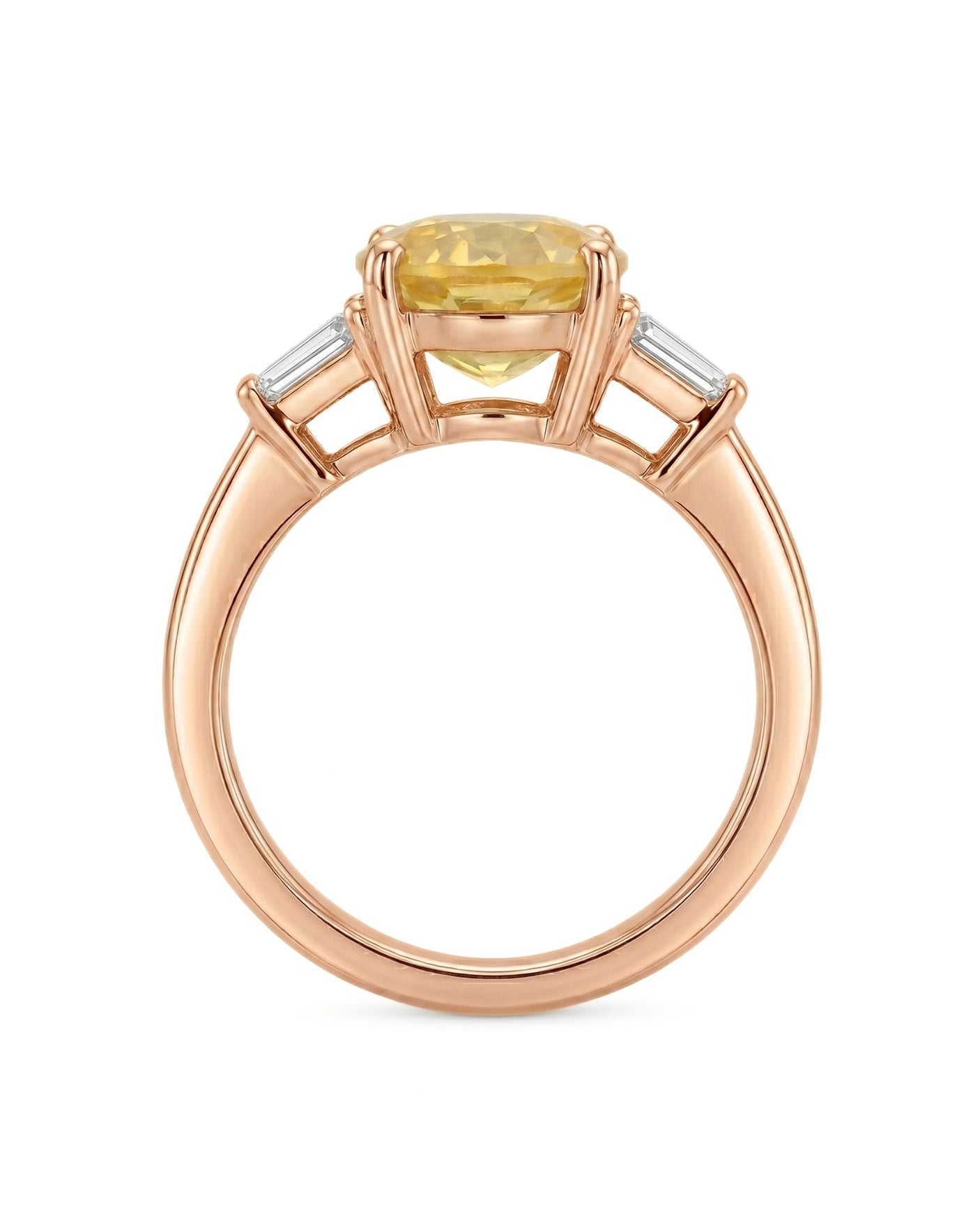 Luxury yellow sapphire three-stone ring with diamond accents in 18K rose gold | SARATTI