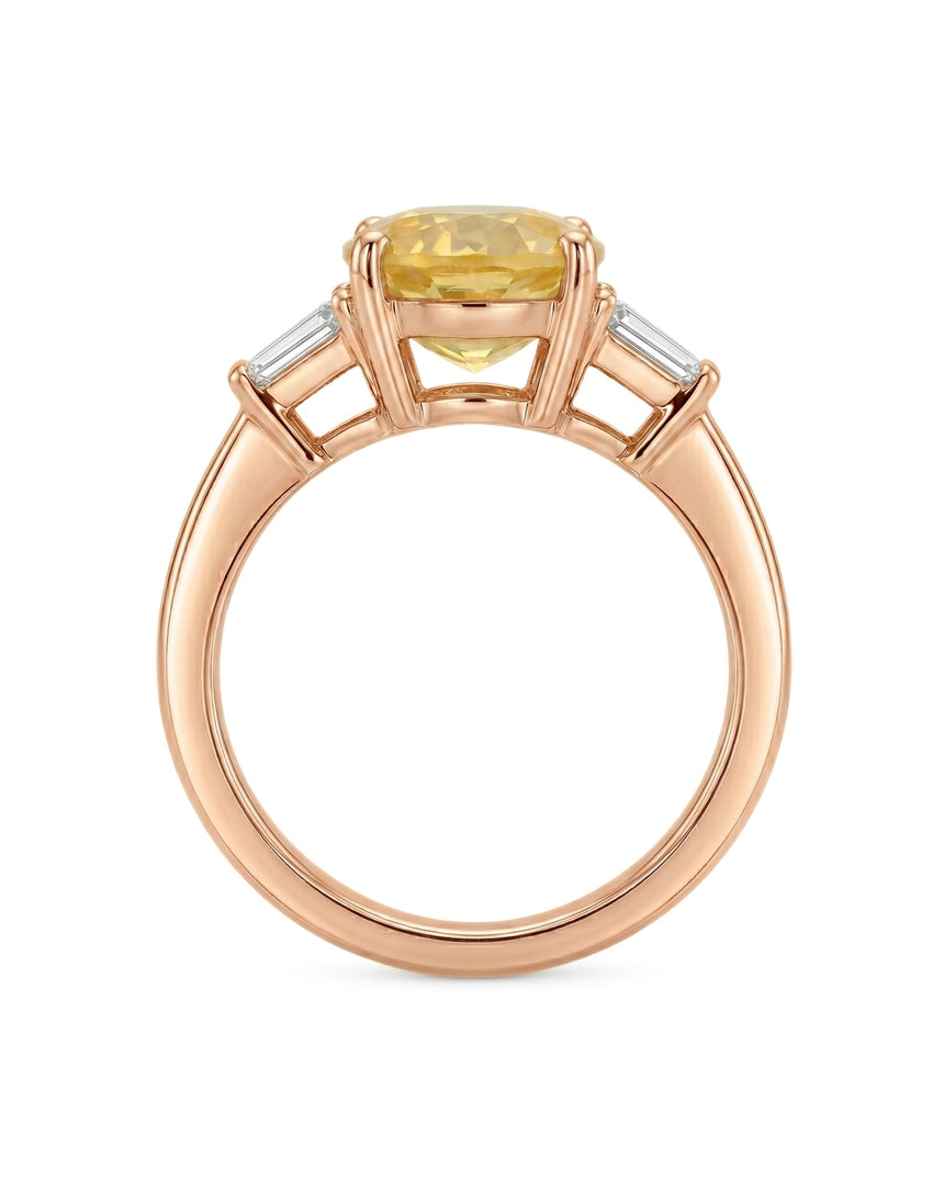 Luxury yellow sapphire three-stone ring with diamond accents in 18K rose gold | SARATTI