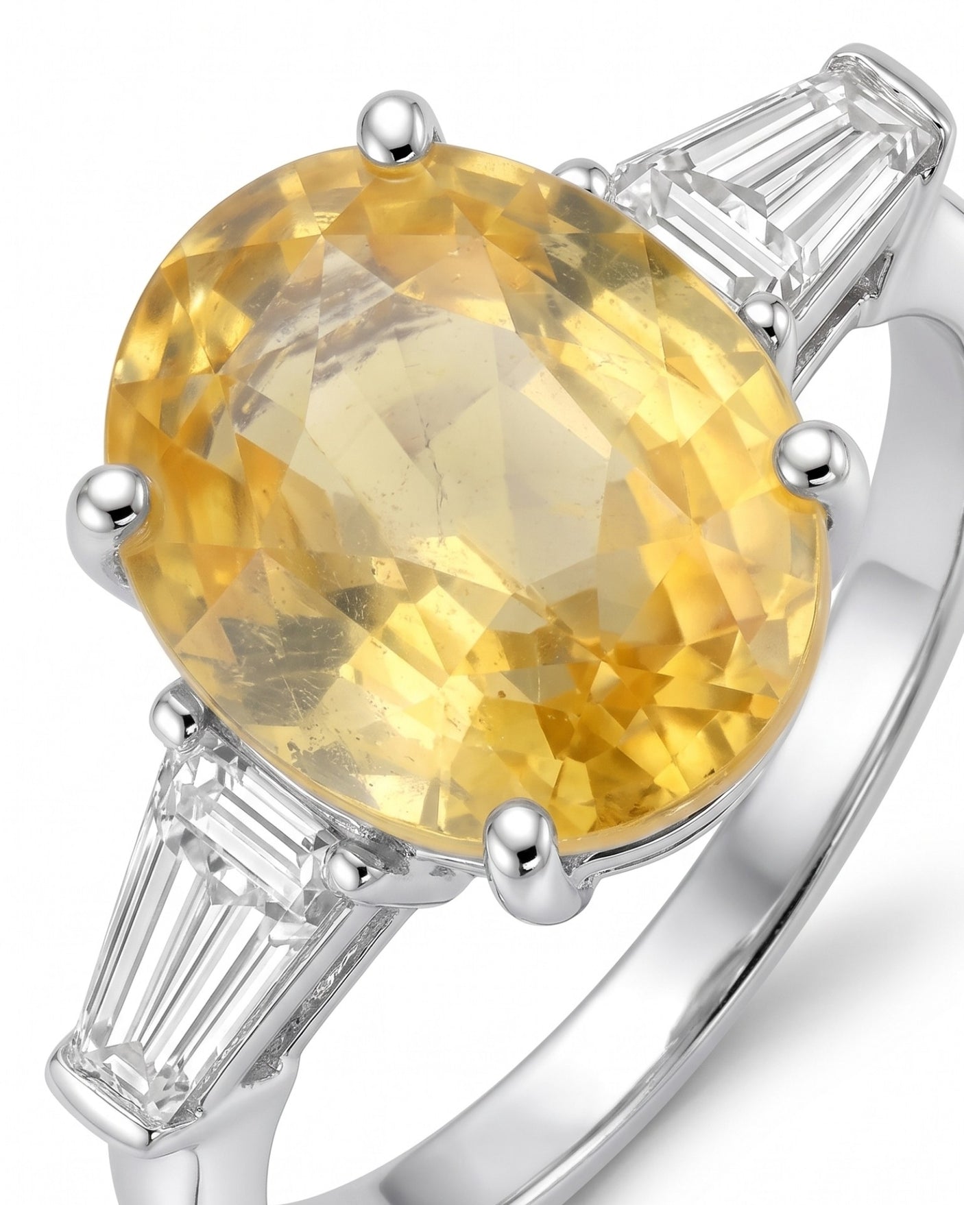 Luxury yellow sapphire three-stone ring with diamond accents in 18K white gold | SARATTI