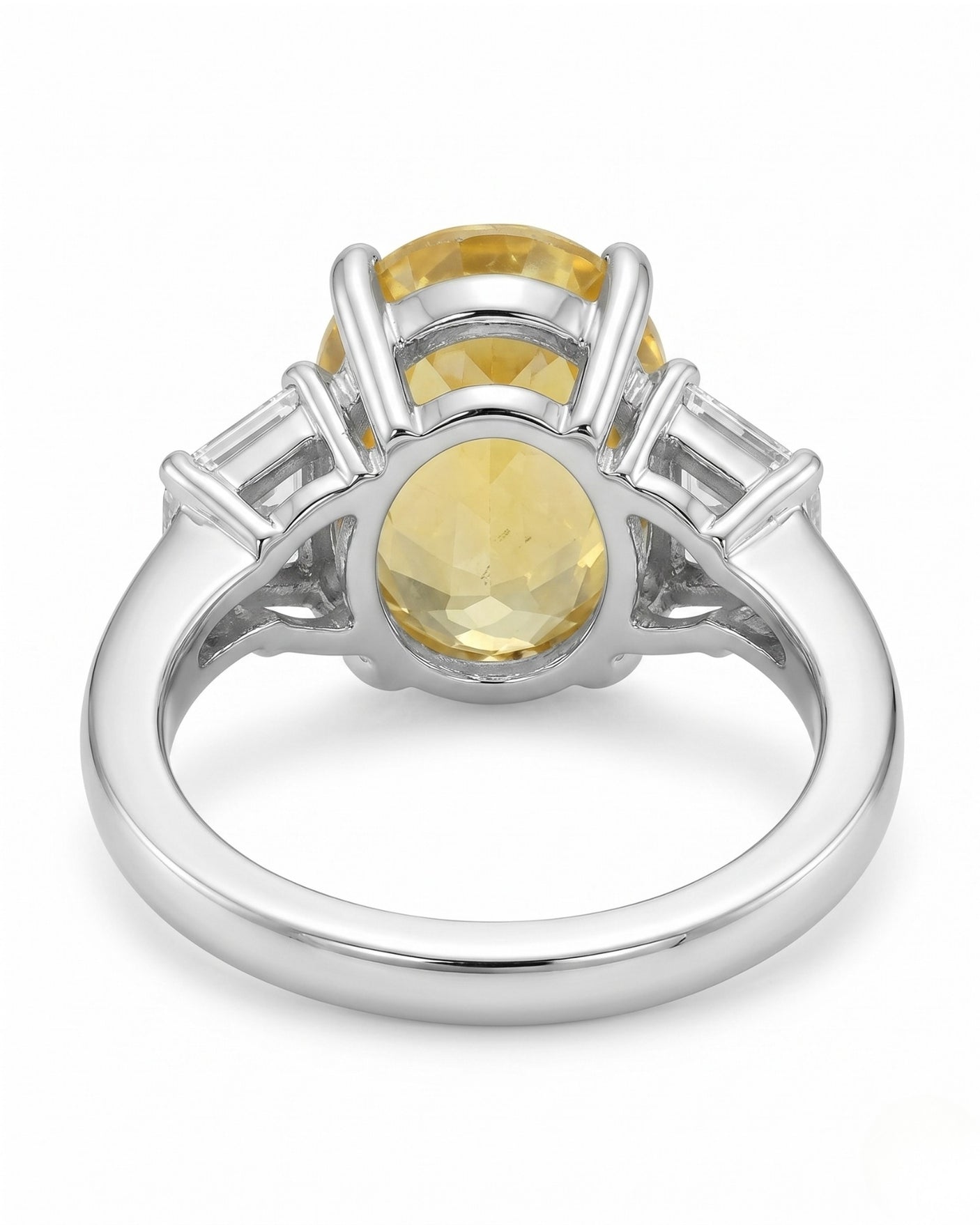 Luxury yellow sapphire three-stone ring with diamond accents in polished platinum - SARATTI