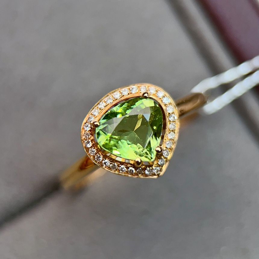 Elegant Green Tourmaline Ring with Halo of Diamonds